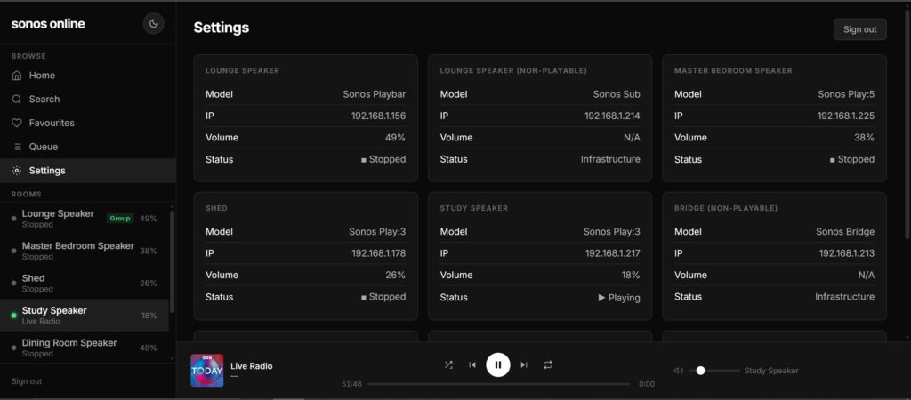Sonos Online - Settings